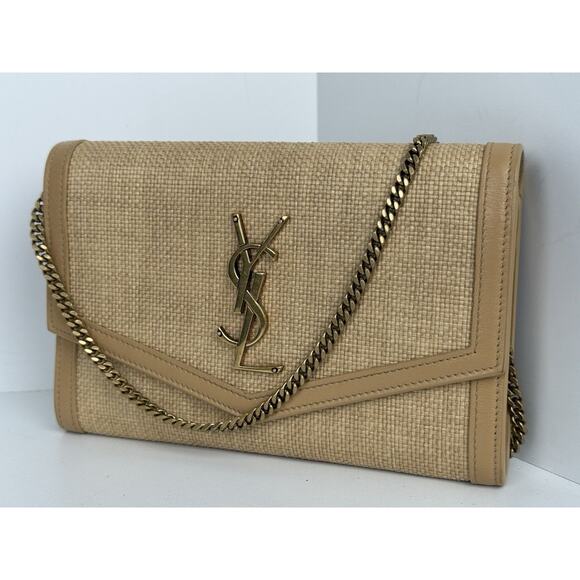 Saint Laurent Micro Raffia Monogram Uptown Chain Wallet – Natural Hay Blush - Picture 1 of 16